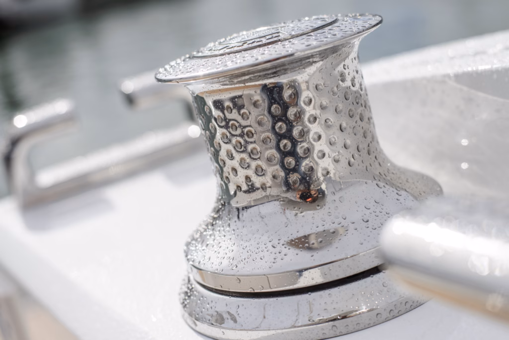 Chrome boat winch with water droplets